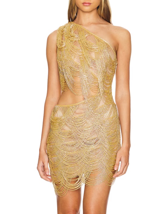 Bronx And Banco Gold One-Shoulder Chain Fringe Mini Dress